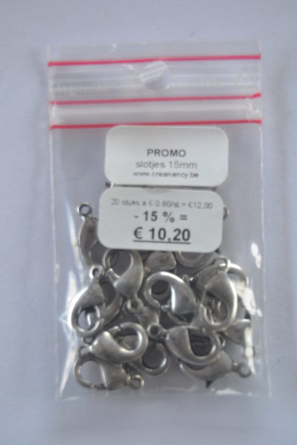 PROMO Karabijnslot 15mm - Old Silver - 20 stuks