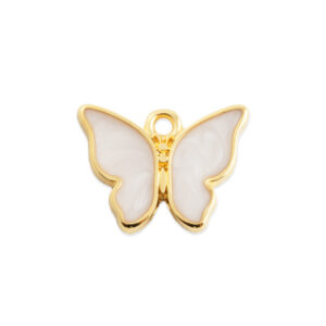 Bedeltje Vlinder emaille parelwit - gold plated